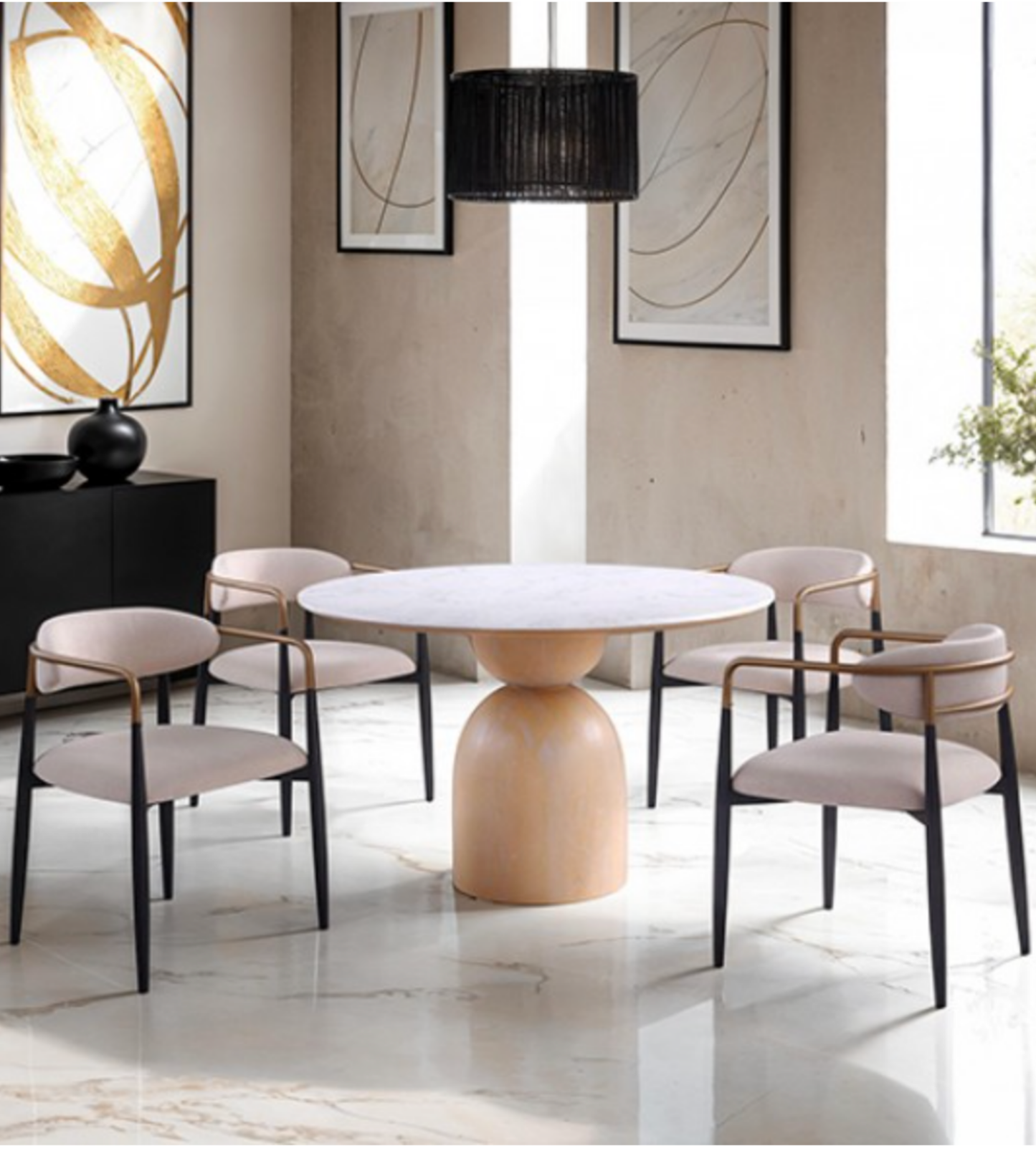 Neasden Modern Dining Table & Chairs – Engineered Stone Top & Gold Accents