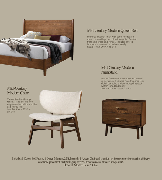 Curated Mid-Century Bedroom Set – Designed for Airbnb & Stylish Rentals
