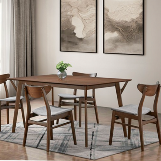 Skien Mid-Century Modern Dining Set – 7-Piece Walnut Table & Light Gray Chairs